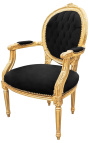 Fauteuil Louis XVI de style baroque velours noir et bois doré