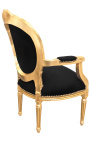 Fauteuil Louis XVI de style baroque velours noir et bois doré