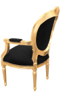 Fauteuil Louis XVI de style baroque velours noir et bois doré