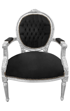 Fauteuil Louis XVI de style baroque velours noir et bois argenté