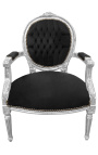 Fauteuil baroque de style Louis XVI velours noir et bois argenté