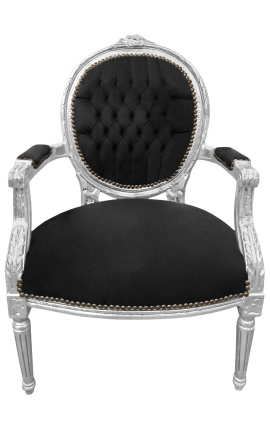 Μπαρόκ πολυθρόνα στυλ Louis XVI μαύρο βελούδο και ασημί ξύλο