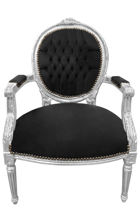 Barockfåtölj Louis XVI stil svart sammet och silver trä - 1