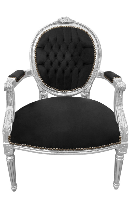 Baroque armchair Louis XVI style black velvet and silvered wood