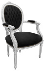 Baroque armchair Louis XVI style black velvet and silvered wood