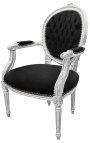 Fauteuil baroque de style Louis XVI velours noir et bois argenté