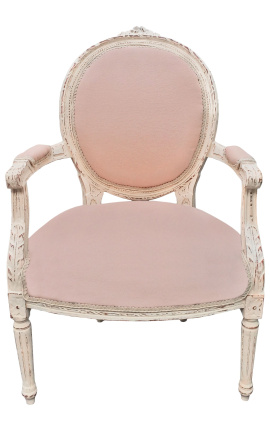 Fauteuil Louis XVI de style baroque tissu beige et bois laqué beige