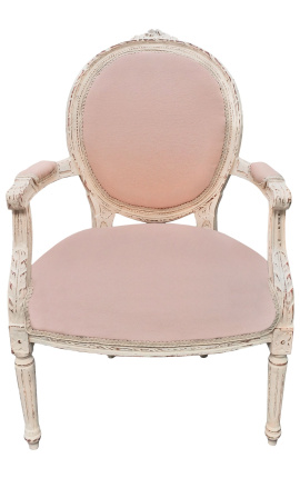 Fotel w stylu Ludwika XVI beżowy len i beżowe patynowane drewno