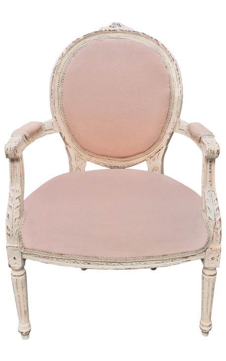 Fauteuil in Lodewijk XVI-stijl beige linnen en beige gepatineerd hout