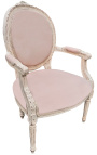 Fotel w stylu Ludwika XVI beżowy len i beżowe patynowane drewno