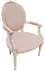 Louis XVI style armchair beige linen and beige patinated wood