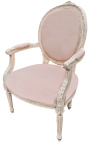 Louis XVI style armchair beige linen and beige patinated wood