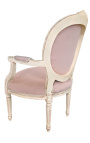 Louis XVI style armchair beige linen and beige patinated wood