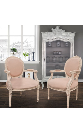 Fauteuil de style Louis XVI lin beige et bois laqué beige