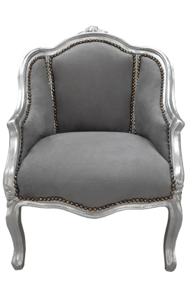 Bergere fauteuil Louis XV-stijl grijs fluweel en zilverkleurig hout