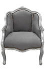 Poltrona Bergere Louis XV stile velluto grigio e legno argentato - 1