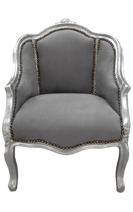 Bergere fotelis Louis XV stiliaus pilkas aksomas ir sidabro mediena