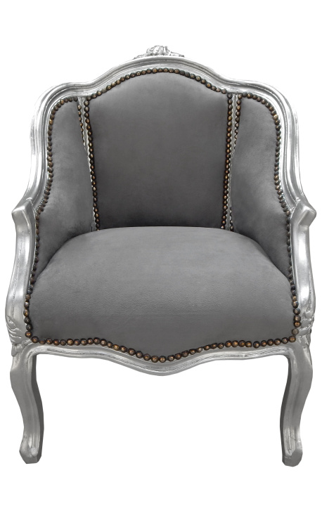 Bergere-stol Louis XV stil grå fløjl og sølvtræ - 1