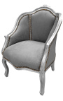 Bergere armchair Louis XV style grey velvet and silver wood