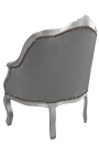 Bergere armchair Louis XV style grey velvet and silver wood
