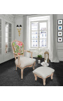 Footrest Louis XV Style beige velvet fabric and beige patinated wood