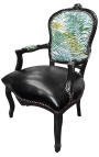 [Limited Edition] Baroka stila atzveltnes krēsls Luija XV apdrukāta lapotne un mākslīgā āda, melns koks