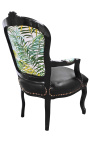 [Limited Edition] Baroque armchair Louis XV printed foliage & leatherette, black wood