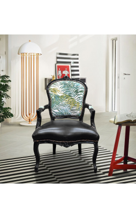 [Limited Edition] Baroque armchair Louis XV printed foliage &amp; leatherette, black wood