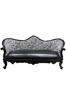 Barock Napoleon III soffa zebra, svart konstläder & svart glansigt trä