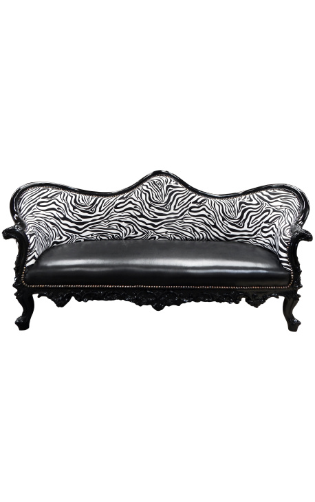 Barock Napoléon III soffa zebra och svart falsk hud med svart trä
