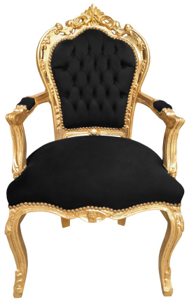 Fotelj Baročni Rokoko slog črn žamet in zlati les