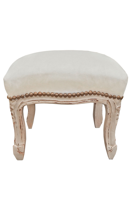 Footrest Louis XV Style beige velvet fabric and beige patinated wood