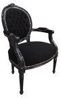 Barock-Sessel im Louis-XVI-Stil mit Medaillon aus schwarzem Stoff und schwarz lackiertem Holz 