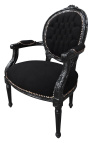 Barock-Sessel im Louis-XVI-Stil mit Medaillon aus schwarzem Stoff und schwarz lackiertem Holz 