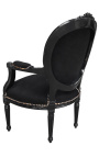 Baroque armchair Louis XVI style medallion black fabric and black lacquered wood 