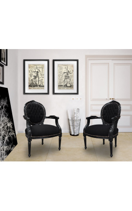 Fauteuil baroque de style Louis XVI velours noir et bois noir