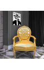 Fotel w stylu barokowym Medalion w stylu Ludwika XVI, skóra sztucznie złota i złote drewno.