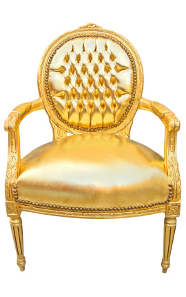 Baroque armchair Louis XVI style medallion gold leatherette and gold wood