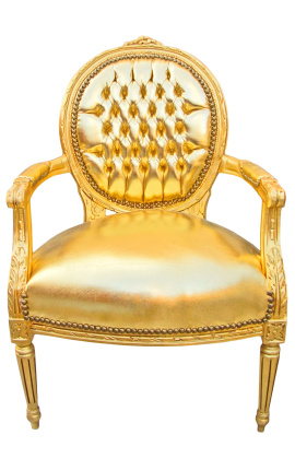 Barocksessel Louis XVI Stil Medaillon Gold-Kunstleder und Goldholz - 1