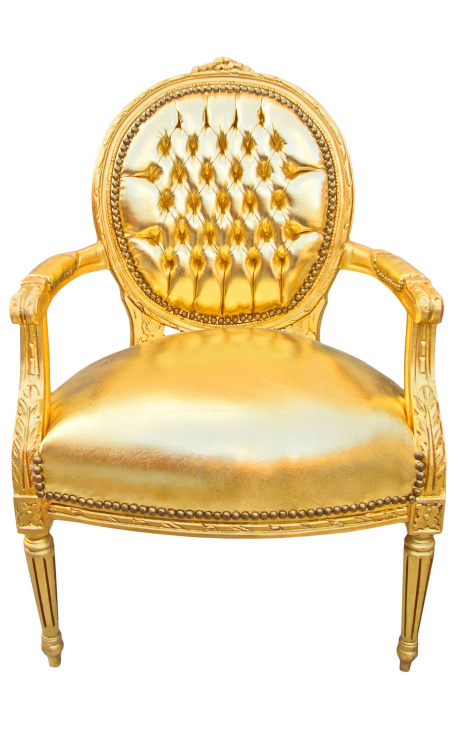 Barokk-tugitool Louis XVI stiilis medaljoni kuldnahk ja kulla puit - 1