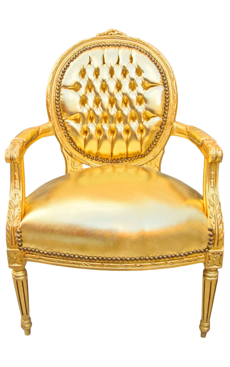 Baroque armchair Louis XVI style medallion in false gold skin leather and gold wood.