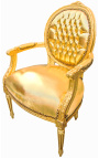 Barocker Sessel im Louis XVI-Stil mit Medaillon aus falschem Goldhautleder und Goldholz.