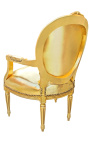 Baroque armchair Louis XVI style medallion in false gold skin leather and gold wood.