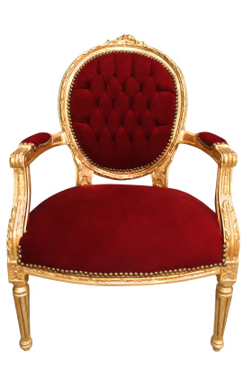 Barockfåtölj Louis XVI Style Burgundy sammet och guld trä
