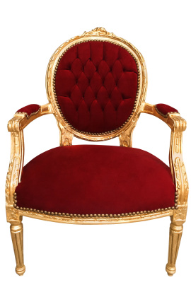 Baroque armchair Louis XVI style Burgundy velvet and gold wood