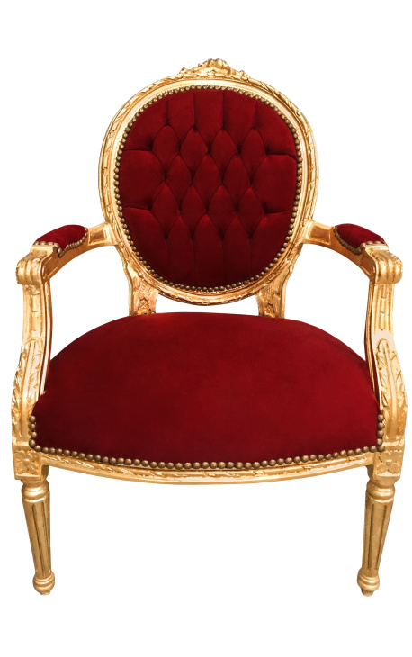 Barokke fauteuil Lodewijk XVI-stijl Bourgondisch fluweel en goud hout