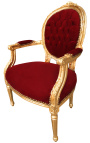 Fauteuil Louis XVI de style baroque velours bordeaux et bois doré