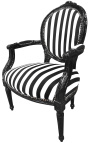 Fauteuil baroque de style Louis XVI rayé noir et blanc et bois noir