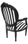 Fauteuil baroque de style Louis XVI rayé noir et blanc et bois noir