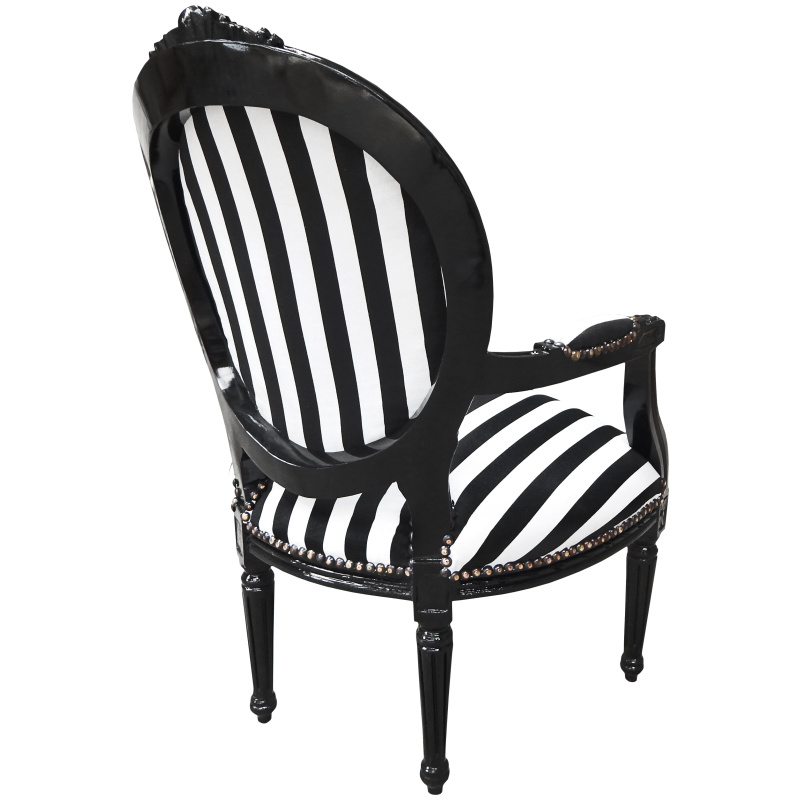 Chair Louis XVI style black and white stripes with black sit, black wood
